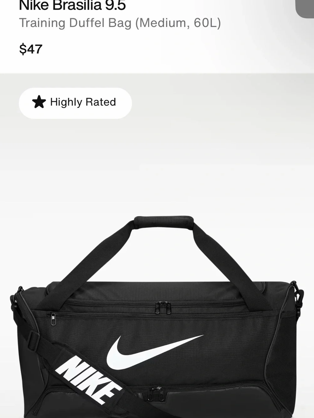 Nike Black Duffel Bag with White Swoosh and Strap Logo